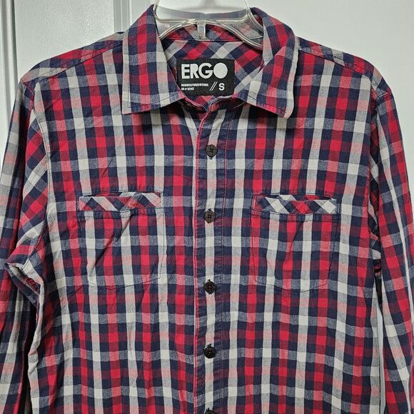 Ergo Flannel Shirt Mens Small Red Blue White Plaid Button Up 100% Cotton Outdoor - Picture 2 of 8